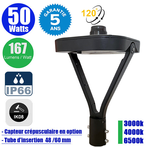 Lampe de jardin et parking filaire - Série OVALI V3 - 50 Watts - 8350 Lumens - 167 Lumens/watt - IK08 - IP66 - 120° ajustable - 44 x 30 x 30 cm - 3000k/4000k/6500k au choix - Tube d’insertion 48 / 60mm - Capteur crépusculaire en option - Garantie 5 ans