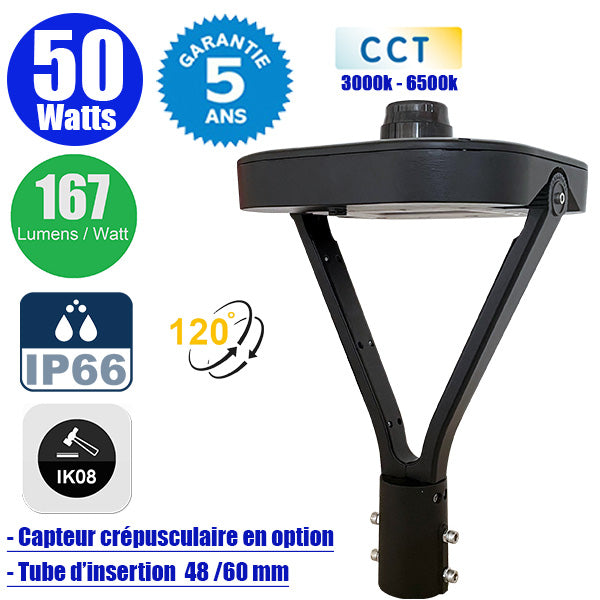 Lampe de jardin et parking filaire CCT (3000k/4000k/6500k) - Série OVALI V3 - 50 Watts - 8350 Lumens - 167 Lumens/watt - IK08 - IP66 - 120° ajustable - 44 x 30 x 30 cm - Tube d’insertion 48 / 60mm - Capteur crépusculaire en option - Garantie 5 ans