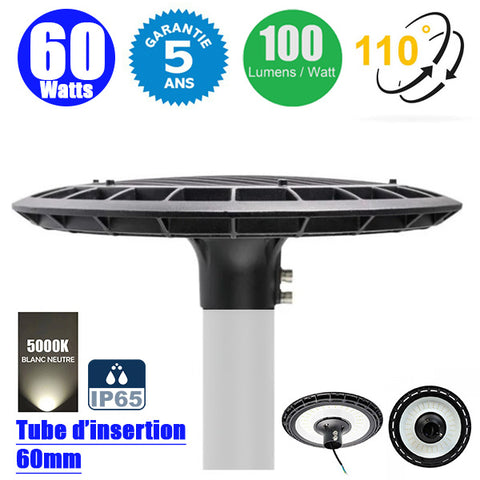 TEST HTML - Lampe jardin / Parking - Filaire - Série OVALI ZAK - 60 Watts - 6000 Lumens - 100 Lumens/watt - Angle 110° - IP65 - 380 x 44 mm - 5000K - Structure en ALUMINIUM - Tube d’insertion 60mm - Garantie 5 ans