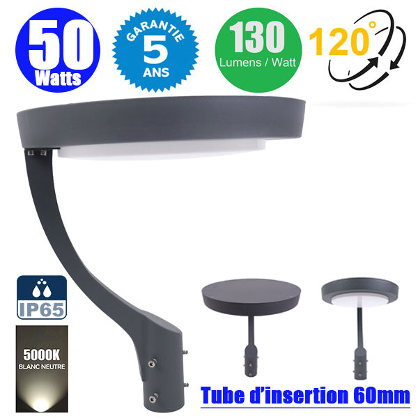 Lampe jardin / Parking - Filaire - Série OVALI ARMLED - 50 Watts - 6500 Lumens - 130 Lumens/Watt - Angle 120°- IP65 - 44 x 47 x 6 cm - 5000K - Structure en ALUMINIUM - Tube d'insertion 60mm - Garantie 5 ans