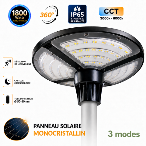 Lampe solaire pour extérieur - Série OVNI FUTUR V3 - MODULAIRE & CCT - 1800 Watts - 4800 Lumens - IP65 - Angle 360° - 40 x 14 cm - Panneau MONOCRISTALLIN - Diamètre tube d'insertion 50-60mm - Avec Détecteur de mouvement - Avec Télécommande