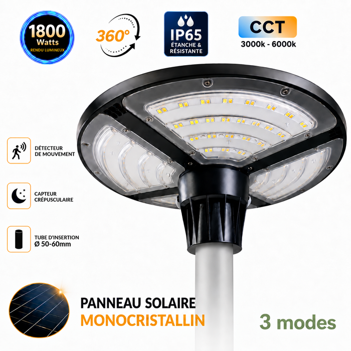 Lampe solaire pour extérieur - Série OVNI FUTUR V3 - MODULAIRE & CCT - 1800 Watts - 4800 Lumens - IP65 - Angle 360° - 40 x 14 cm - Panneau MONOCRISTALLIN - Diamètre tube d'insertion 50-60mm - Avec Détecteur de mouvement - Avec Télécommande