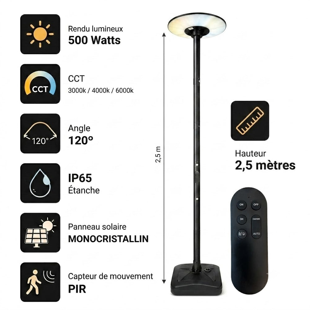 Lampe de jardin et parking solaire - Série OVNI MOBILE - CCT (Couleur Changeante en Température) - 500 Watts - 1800 Lumens - IP65 - Angle 120° - Lampe 45 x 11 cm -  Capteur de mouvement - Capteur crépusculaire - Avec Télécommande - Mât 2,5 mètres inclus