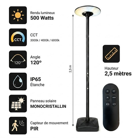 Lampe de jardin et parking solaire - Série OVNI MOBILE - CCT (Couleur Changeante en Température) - 500 Watts - 1800 Lumens - IP65 - Angle 120° - Lampe 45 x 11 cm -  Capteur de mouvement - Capteur crépusculaire - Avec Télécommande - Mât 2,5 mètres inclus