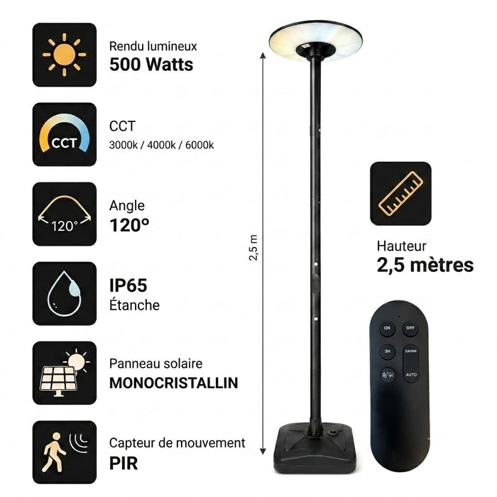 Lampe de jardin et parking solaire - Série OVNI MOBILE - CCT (Couleur Changeante en Température) - 500 Watts - 1800 Lumens - IP65 - Angle 120° - Lampe 45 x 11 cm -  Capteur de mouvement - Capteur crépusculaire - Avec Télécommande - Mât 2,5 mètres inclus