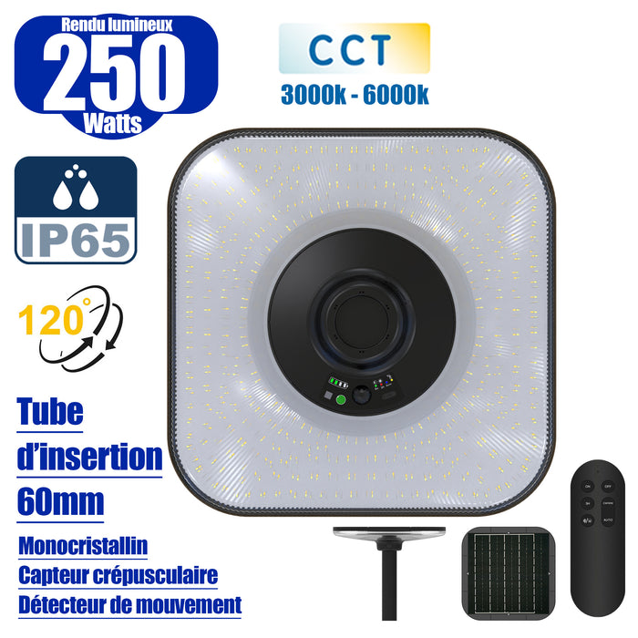 Lampe solaire - Série OVNI SUN FLOWER V2 250 - CCT (3000k/4000k/6000k) - Rendu Lumineux 250 Watts - 1500 Lumens - Angle 120° - IP65 - 44 x 44 x 10 cm - Panneau MONOCRISTALLIN - Détecteur de mouvement - Télécommande - Capteur crépusculaire