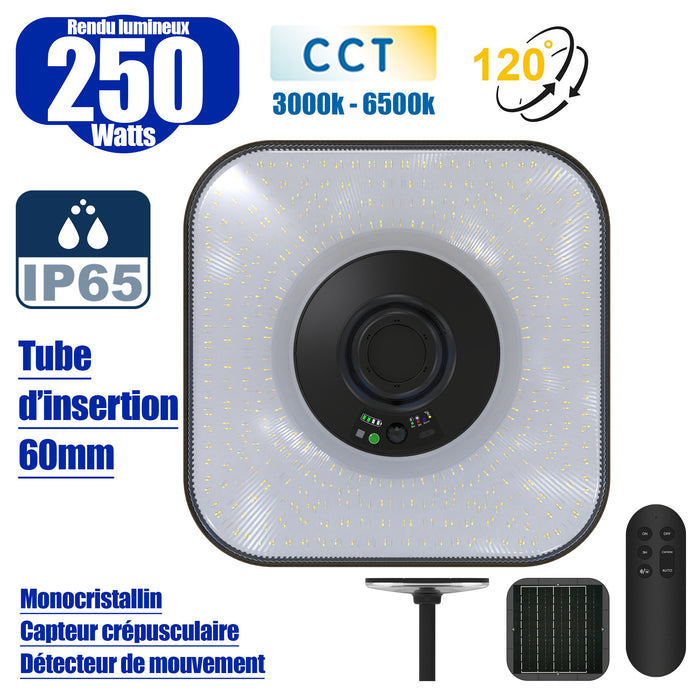 Lampe solaire - Série OVNI SUN FLOWER V2 250 - CCT (3000k+6500k) - Rendu Lumineux 250 Watts - 1500 Lumens - Angle 120° - IP65 - 44 x 44 x 10 cm - Panneau MONOCRISTALLIN - Détecteur de mouvement - Télécommande - Capteur crépusculaire