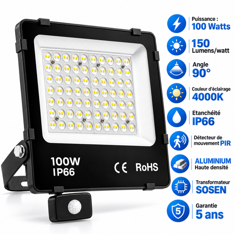 Projecteur LED filaire détecteur - Série PAD ULTRA PIR - 100 Watts - 15 000 Lumens - 150 Lumens/Watt - Angle 90° - IP66 - 28 x 29 x 6 cm - Structure en ALUMINIUM - Transformateur SOSEN - 4000k - Garantie 5 ans