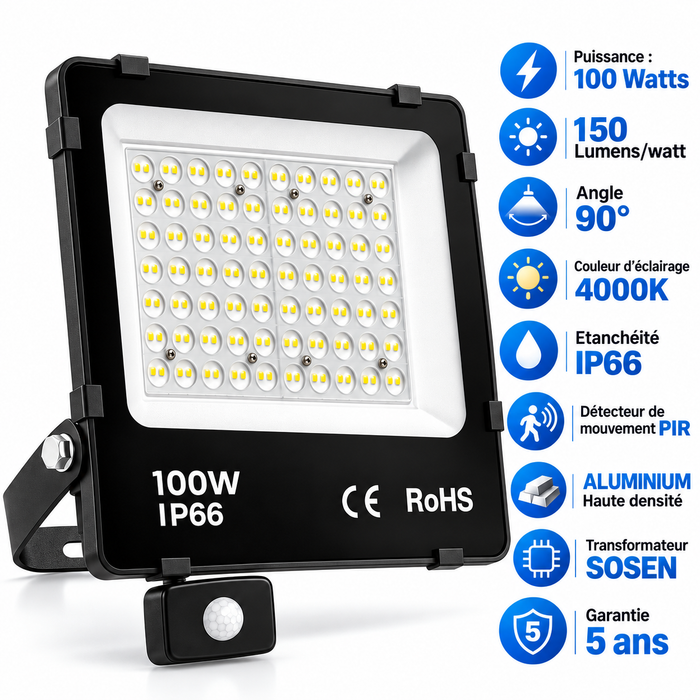 Projecteur LED filaire détecteur - Série PAD ULTRA PIR - 100 Watts - 15 000 Lumens - 150 Lumens/Watt - Angle 90° - IP66 - 28 x 29 x 6 cm - Structure en ALUMINIUM - Transformateur SOSEN - 4000k - Garantie 5 ans