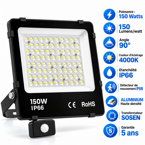 Projecteur LED filaire détecteur  - Série PAD ULTRA PIR - 150 Watts - 22 500 Lumens - 150 Lumens/Watt - Angle 90° - IP66 - 33 x 32 x 7 cm - Transformateur SOSEN - Structure en ALUMINIUM - 4000k - Garantie 5 ans
