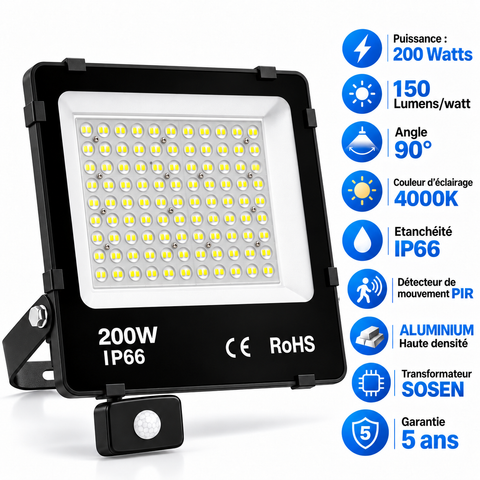 Projecteur LED filaire détecteur  - Série PAD ULTRA PIR - 200 Watts - 30 000 Lumens - 150 Lumens/Watt - Angle 90° - IP66 - 36 x 35 x 7 cm - Transformateur SOSEN - Structure en ALUMINIUM - 4000k - Garantie 5 ans