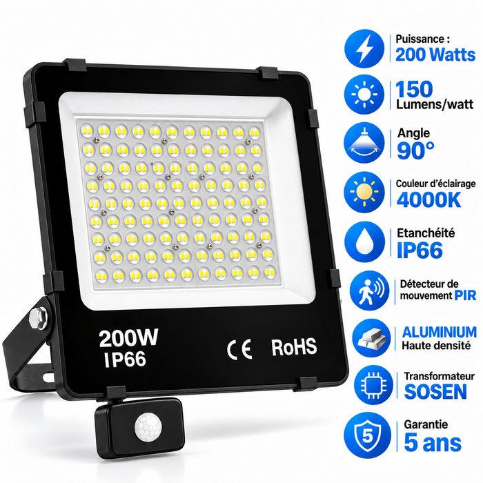 Projecteur LED filaire détecteur  - Série PAD ULTRA PIR - 200 Watts - 30 000 Lumens - 150 Lumens/Watt - Angle 90° - IP66 - 36 x 35 x 7 cm - Transformateur SOSEN - Structure en ALUMINIUM - 4000k - Garantie 5 ans