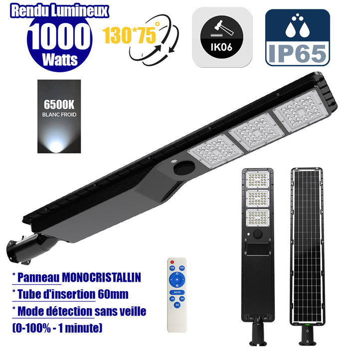 Lampe de rue solaire - Série POWER EVO V2 - 1000 Watts - 3000 Lumens - IP65 - Angle 130x75° - 106 x 20 x 9 cm - Panneau MONOCRISTALLIN - Structure en ALUMINIUM - Mode détection sans veille (0-100% - 1 minute) - Télécommande - 6500k
