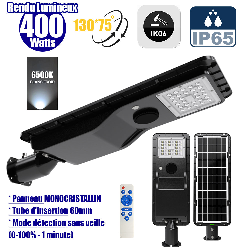 Lampe de rue solaire - Série POWER EVO V2 - 400 Watts - 1800 Lumens - IP65 - Angle 130x75° - 57 x 20 x 9 cm - Panneau MONOCRISTALLIN - Structure en ALUMINIUM - Mode détection sans veille (0-100% - 1 minute) - Télécommande - 6500K