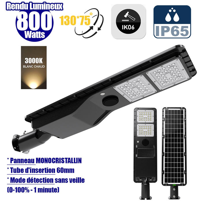 Lampe de rue solaire - Série POWER EVO V2 - 800 Watts - 2200 Lumens - IP65 - Angle 130x75° - 75 x 20 x 9 cm - Panneau MONOCRISTALLIN - Structure en ALUMINIUM - Capteur de présence PIR - Mode détection sans veille (0-100% - 1 minute) - 3000K