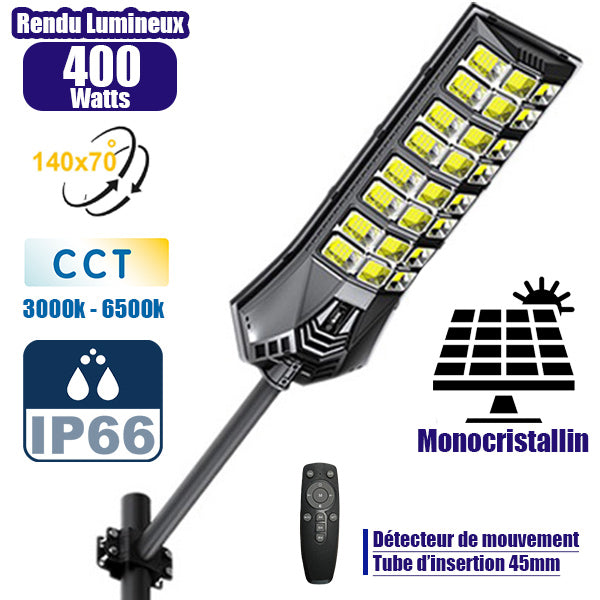 Lampadaire solaire extérieur de rue / parking - Série POWER ULTRA V2 CCT (Couleur Changeante en Température) - Rendu Lumineux 400 Watts - 1500 Lumens - Angle 140*70° - IP66 - 58 x 27 x 7 cm - Télécommande - Détecteur de mouvement - Tube d’insertion 45 mm