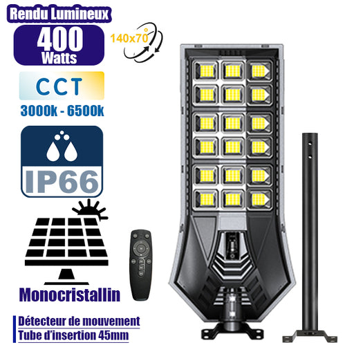 Lampadaire solaire extérieur de rue / parking - Série POWER ULTRA V2 CCT (Couleur Changeante en Température) - Rendu Lumineux 400 Watts - 1500 Lumens - Angle 140*70° - IP66 - 58 x 27 x 7 cm - Télécommande - Détecteur de mouvement - Tube d’insertion 45 mm