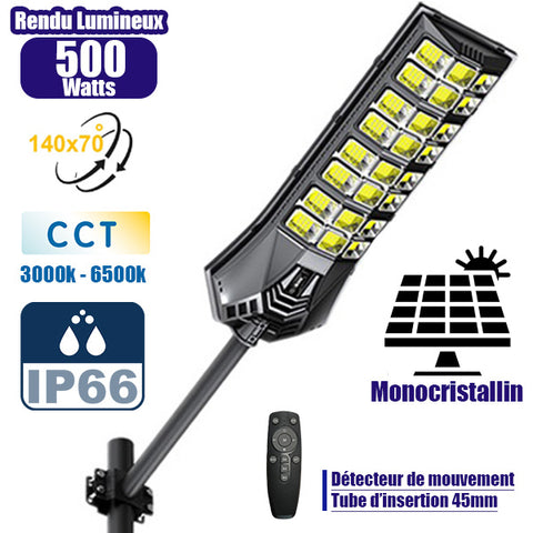 Lampadaire solaire extérieur de rue / parking - Série POWER ULTRA V2 CCT (Couleur Changeante en Température) - Rendu Lumineux 500 Watts - 2400 Lumens - Angle 140*70° - IP66 - 69 x 27 x 7 cm - Télécommande - Détecteur de mouvement - Tube d’insertion 45 mm