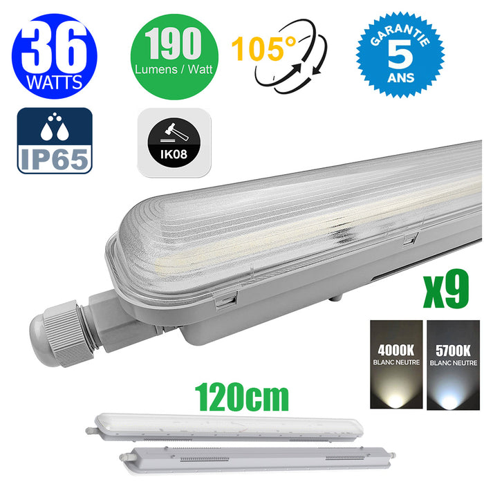 Pack de 9x Réglettes LED étanches - Série PRO190 - CONNECTABLES - HAUT RENDEMENT - 120cm - 36 Watts - 6840 Lumens - 190 Lumens/Watt - Angle 105° - IP65 - 120 x 7 x 6 cm - Protection à l'impact IK08 - 4000K/5700K au choix - Garantie 5 ans