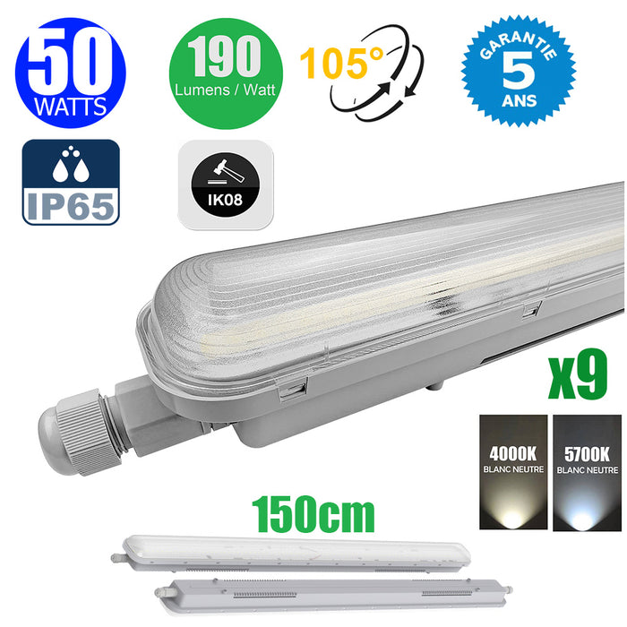 Pack de 9x Réglettes LED étanches - Série PRO190 - CONNECTABLES - HAUT RENDEMENT - 150cm - 50 Watts - 9500 Lumens - 190 Lumens/Watt - Angle 105° - IP65 - 150 x 7 x 6 cm - Protection à l'impact IK08 - 4000K/5700K au choix - Garantie 5 ans