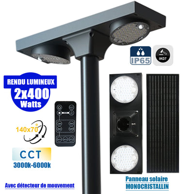 Lampadaire solaire pour extérieur - CCT - Série OVNI SATELLITE V2 - 2 x 400 Watts - 4800 Lumens - Angle 140 x 70° - IP65 - IK07 - 61 x 20 x 13 cm - MONOCRISTALLIN - Tube d’insertion 60mm - Rotative à 350° - Détecteur de mouvement