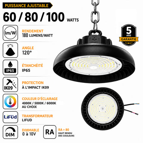 Lampe industrielle UFO - Série RUBIS V2 - Puissance ajustable 60 / 80 / 100 Watts - 18 000 Lumens - 180 Lumens/Watt - Angle 120° - IP65 - IK09 - 255 x 110 mm - 4000k / 5000k / 6000k au choix - Dimmable 0-10V - Transformateur LIFUD - Garantie 5 ans