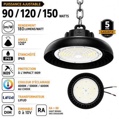 Lampe industrielle UFO - Série RUBIS V2 - Puissance ajustable 90 / 120 / 150 Watts - 27 000 Lumens - 180 Lumens/Watt - Angle 120° - IP65 - IK09 - 300 x 110 mm - 4000k / 5000k / 6000k au choix - Dimmable 0-10V - Transformateur LIFUD - Garantie 5 ans