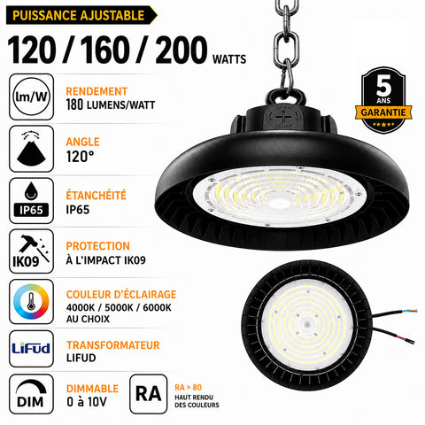 Lampe industrielle UFO - Série RUBIS V2 - Puissance ajustable 120 / 160 / 200 Watts - 36 000 Lumens - 180 Lumens/Watt - Angle 120° - IP65 - IK09 - 340 x 110 mm - 4000k / 5000k / 6000k au choix - Dimmable 0-10V - Transformateur LIFUD - Garantie 5 ans