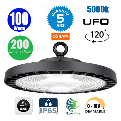 Lampe industrielle UFO - Série SAPHIR V2 - Puissance 100 Watts - 20 000 Lumens - 200 Lumens/Watt - Angle 120° - IP65 - IK08 - 30 x 8 cm - Dimmable - Transformateur OSRAM - Flicker Free - 5000k - Garantie 5 ans