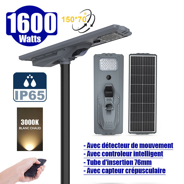 Lampe de rue solaire - Série STARSHIP ULTRA 4500 - Rendu lumineux 1600 Watts - 4500 Lumens - Couleur 3000k - Angle 150x70° - IP65 - Structure aluminium - Dimensions 93 x 36 x 16 cm - Tube d'insertion 76mm - Contrôle intelligent - Capteur PIR