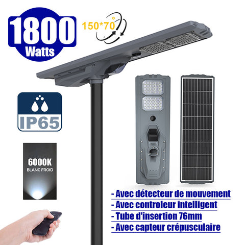 Lampe de rue solaire - Série STARSHIP ULTRA 6500 - Rendu lumineux 1800 Watts - 6500 Lumens - Couleur 6000k - Angle 150x70° - IP65 - Structure aluminium - Dimensions 112 x 36 x 16 cm - Tube d'insertion 76mm - Contrôle intelligent - Capteur PIR