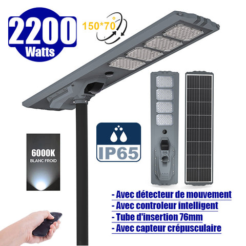 Lampe de rue solaire - Série STARSHIP ULTRA 12 000 - Rendu lumineux 2200 Watts - 12 000 Lumens - Couleur 6000k - Angle 150x70° - IP65 - Structure aluminium - Dimensions 167 x 36 x 16 cm - Tube d'insertion 76mm - Contrôle intelligent - Capteur PIR