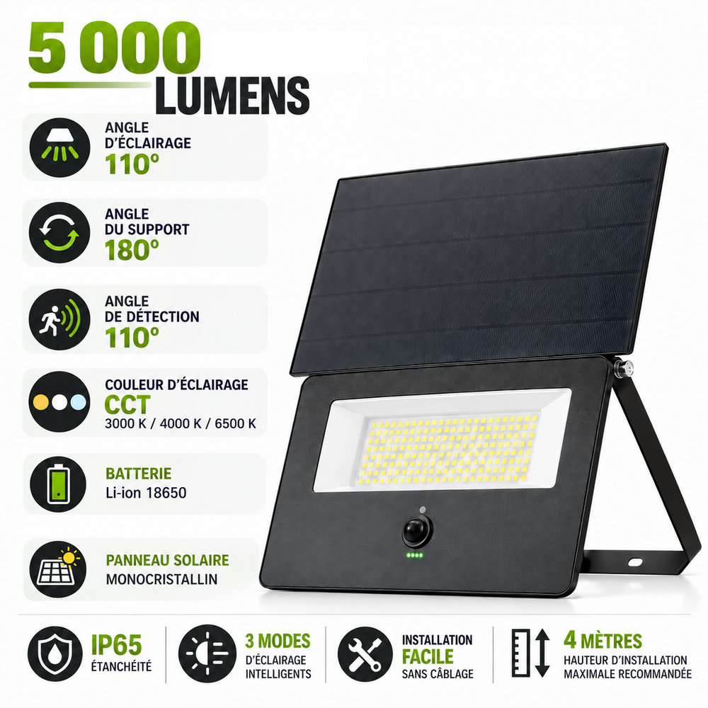 Projecteur LED solaire détecteur - Série SOFT V3 - 5000 Lumens - CCT (Couleur Changeante en Température) - IP65 - 33 x 23 x 6 cm  - Panneau solaire 32 x 18 cm - Avec détecteur de mouvement - Capteur crépusculaire - Télécommande - 3 Modes d'éclairage