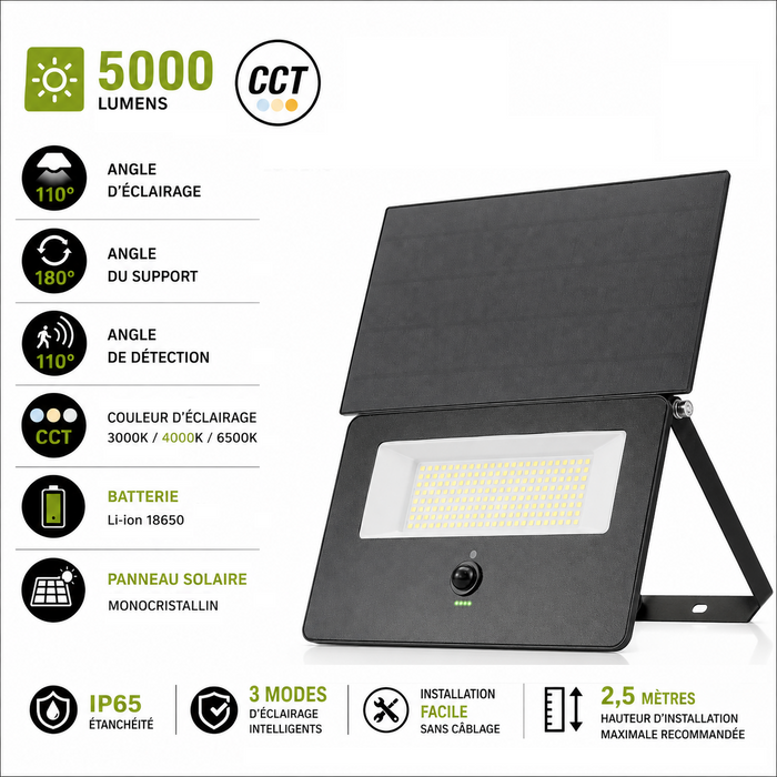 Projecteur LED solaire détecteur - Série SOFT V3 - 5000 Lumens - CCT (Couleur Changeante en Température) - IP65 - 33 x 23 x 6 cm  - Panneau solaire 32 x 18 cm - Avec détecteur de mouvement - Capteur crépusculaire - Télécommande - 3 Modes