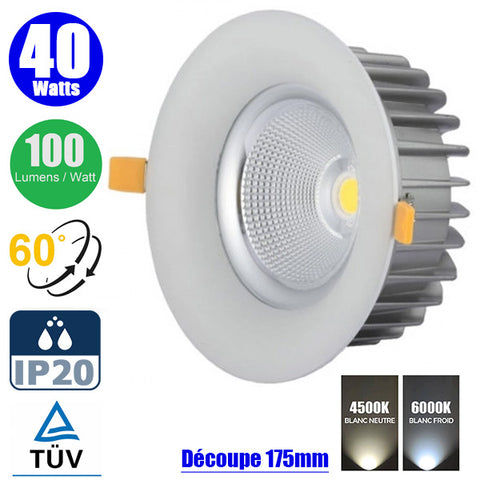 Spot LED COB encastrable intérieur rond - Filaire - 40 Watts - 4000 Lumens - 100 Lumens/Watt - Angle 60° - IP20 - Dimensions 195 x 110 mm - Découpe 175 mm - 4500K/6000K au choix - Certifié TUV