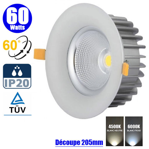 Spot LED COB encastrable intérieur rond - Filaire - 60 Watts - 5600 Lumens - 94 Lumens/Watt - Angle 60° - IP20 - Dimensions 230 x 130 mm - Découpe 205 mm - 4500K/6000K au choix - Certifié TUV