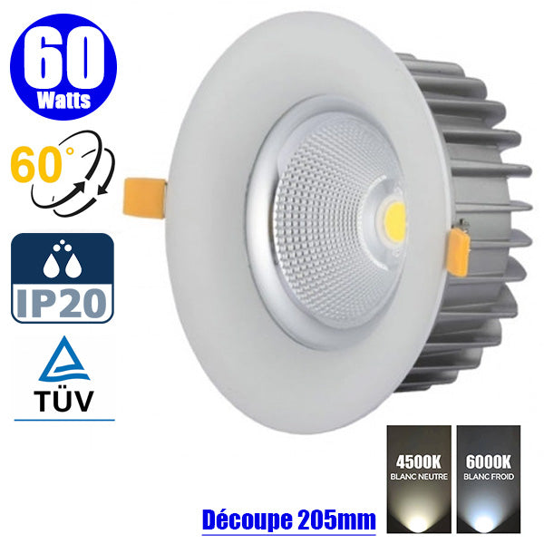 Spot LED COB encastrable intérieur rond - Filaire - 60 Watts - 5600 Lumens - 94 Lumens/Watt - Angle 60° - IP20 - Dimensions 230 x 130 mm - Découpe 205 mm - 4500K/6000K au choix - Certifié TUV