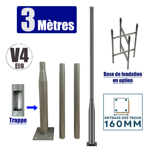 Mât / Poteau pour lampe de rue - Nouveau design - Série STANDARD V4 ECO avec trappe - 3 mètres - Entraxe latéral des trous 160mm - Couleur GRIS - Capuchon en plastique - Base de fondation en option
