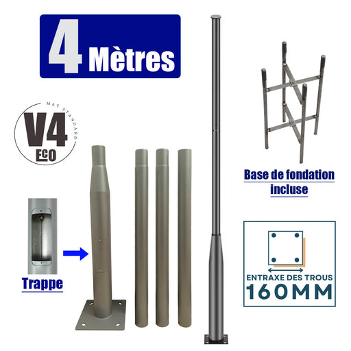 Mât / Poteau pour lampe de rue - Nouveau design - Série STANDARD V4 ECO avec trappe - 4 mètres - Entraxe latéral des trous 160mm - Couleur GRIS - Capuchon en plastique - Base de fondation incluse
