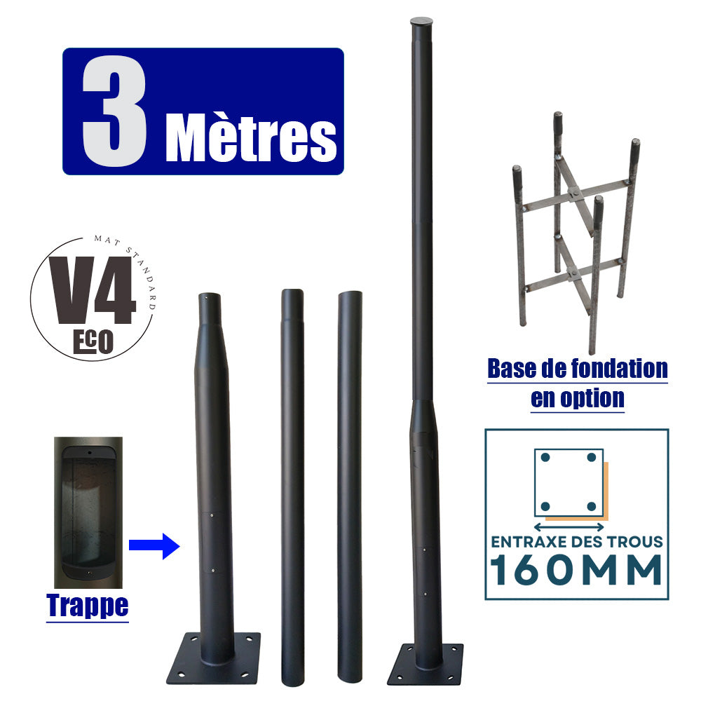 Mât / Poteau pour lampe de rue - Nouveau design - Série STANDARD V4 ECO avec trappe - 3 mètres - Entraxe latéral des trous 160mm - Couleur NOIR - Capuchon en plastique - Base de fondation en option