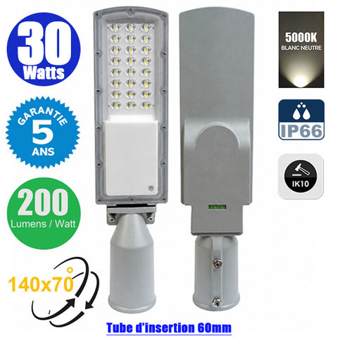 Lampe de rue filaire - Série STAR200 - 30 Watts - 6000 Lumens - 200 Lumens/Watt - Angle 140° x 70° - IP66 - 5000K - 44 x 11 x 6 cm - Tube d'insertion 60mm - Lentilles en PMMA - Support ajustable - Structure en ALUMINIUM - Garantie 5 ans