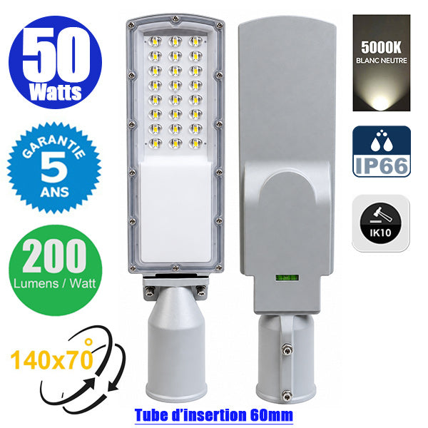 Lampe de rue filaire - Série STAR200 - 50 Watts - 10 000 Lumens - 200 Lumens/Watt - Angle 140° x 70° - IP66 - 5000K - 44 x 11 x 6 cm - Tube d'insertion 60mm - Lentilles en PMMA - Support ajustable - Structure en ALUMINIUM - Garantie 5 ans