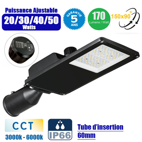 Lampe de rue filaire - Série STARPRO - CCT(Couleur Changeante en Température) - Puissance 20W/30W/40W/50W ajustable - 8 500 Lumens - 170 Lumens/Watt - Angle 150 x 90° - IP66 - 46 x 18 x 8cm - Tube d'insertion 60mm - Garantie 5 ans