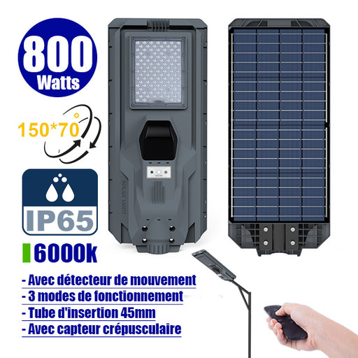 Lampe de rue solaire - Série STARSHIP - Rendu lumineux 800 Watts - 2400 Lumens - Couleur 6000K - Angle 150x70° - IP65 - Dimensions 70 x 30 x 8 cm - Tube d'insertion 45mm - Avec détecteur de mouvement - Télécommande - 3 modes de fonctionnement