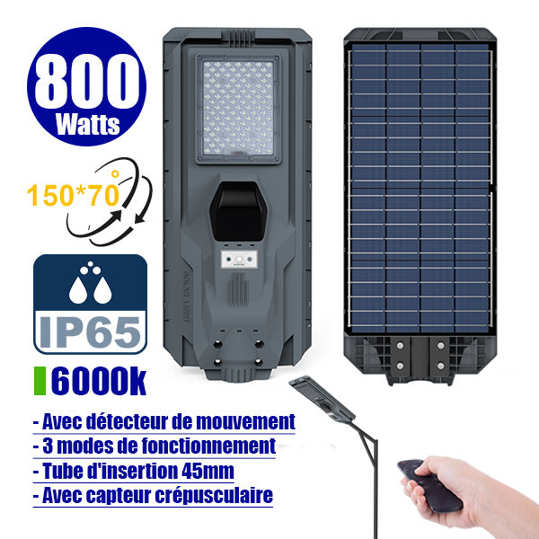 Lampe de rue solaire - Série STARSHIP - Rendu lumineux 800 Watts - 2400 Lumens - Couleur 6000K - Angle 150x70° - IP65 - Dimensions 70 x 30 x 8 cm - Tube d'insertion 45mm - Avec détecteur de mouvement - Télécommande - 3 modes de fonctionnement