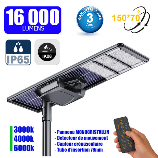 Lampe de rue solaire - Série STARSHIP ELITE - 16 000 Lumens - Angle 150x70° - IP65 - 157 x 45 x 9 cm - 3000k/4000k/6000k au choix - Structure ALUMINIUM - Tube d'insertion 76mm - Régulateur MPPT - Détecteur de mouvement - Télécommande - Garantie 3 ans