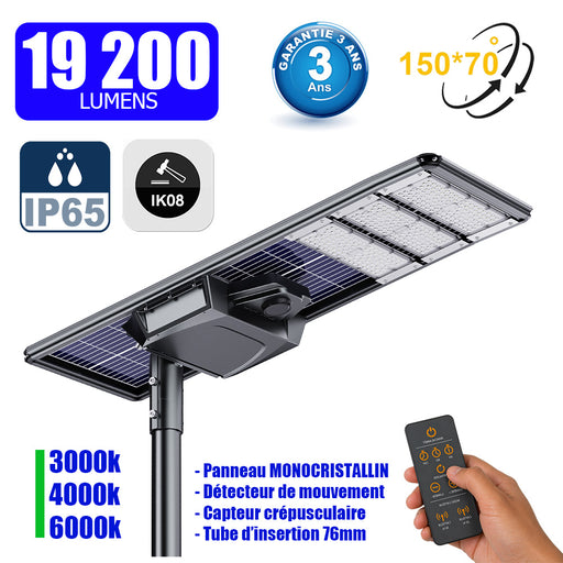 Lampe de rue solaire - Série STARSHIP ELITE - 19 200 Lumens - Angle 150x70° - IP65 - 168 x 45 x 9 cm - 3000k/4000k/6000k au choix - Structure ALUMINIUM - Tube d'insertion 76mm - Régulateur MPPT - Détecteur de mouvement - Télécommande - Garantie 3 ans