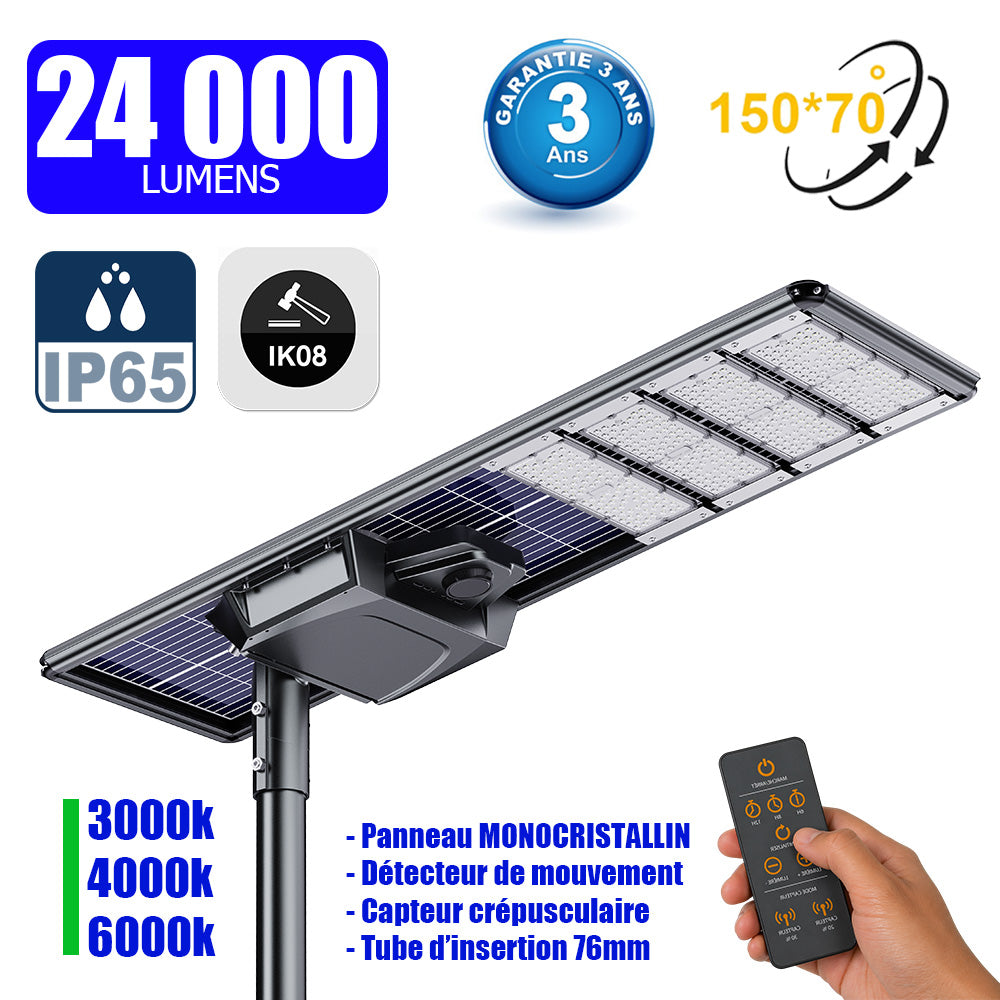 Lampe de rue solaire - Série STARSHIP ELITE - 24 000 Lumens - Angle 150x70° - IP65 - 179 x 45 x 9 cm - 3000k/4000k/6000k au choix - Structure ALUMINIUM - Tube d'insertion 76mm - Régulateur MPPT - Détecteur de mouvement - Télécommande - Garantie 3 ans