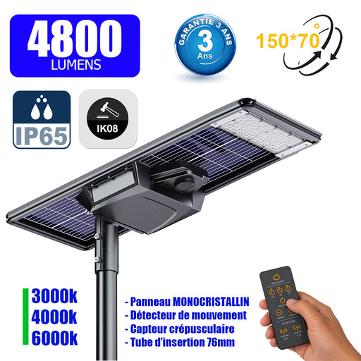 Lampe de rue solaire - Série STARSHIP ELITE - 4800 Lumens - Angle 150x70° - IP65 - 102 x 45 x 9 cm - 3000k/4000k/6000k au choix - Structure ALUMINIUM - Tube d'insertion 76mm - Régulateur MPPT - Détecteur de mouvement - Télécommande - Garantie 3 ans