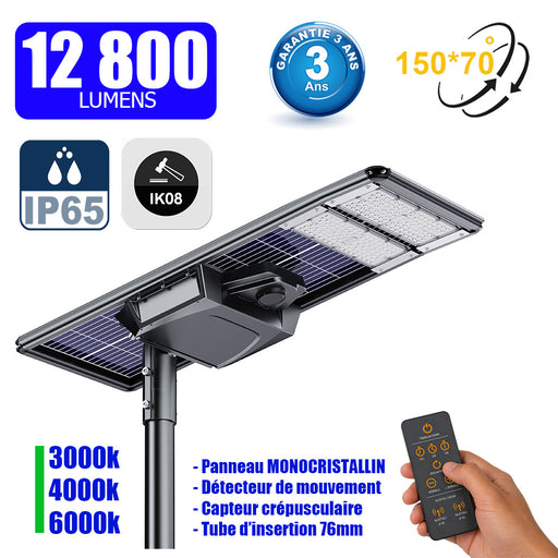 Lampe de rue solaire - Série STARSHIP ELITE - 12 800 Lumens - Angle 150x70° - IP65 - 139 x 45 x 9 cm - 3000k/4000k/6000k au choix - Structure ALUMINIUM - Tube d'insertion 76mm - Régulateur MPPT - Détecteur de mouvement - Télécommande - Garantie 3 ans